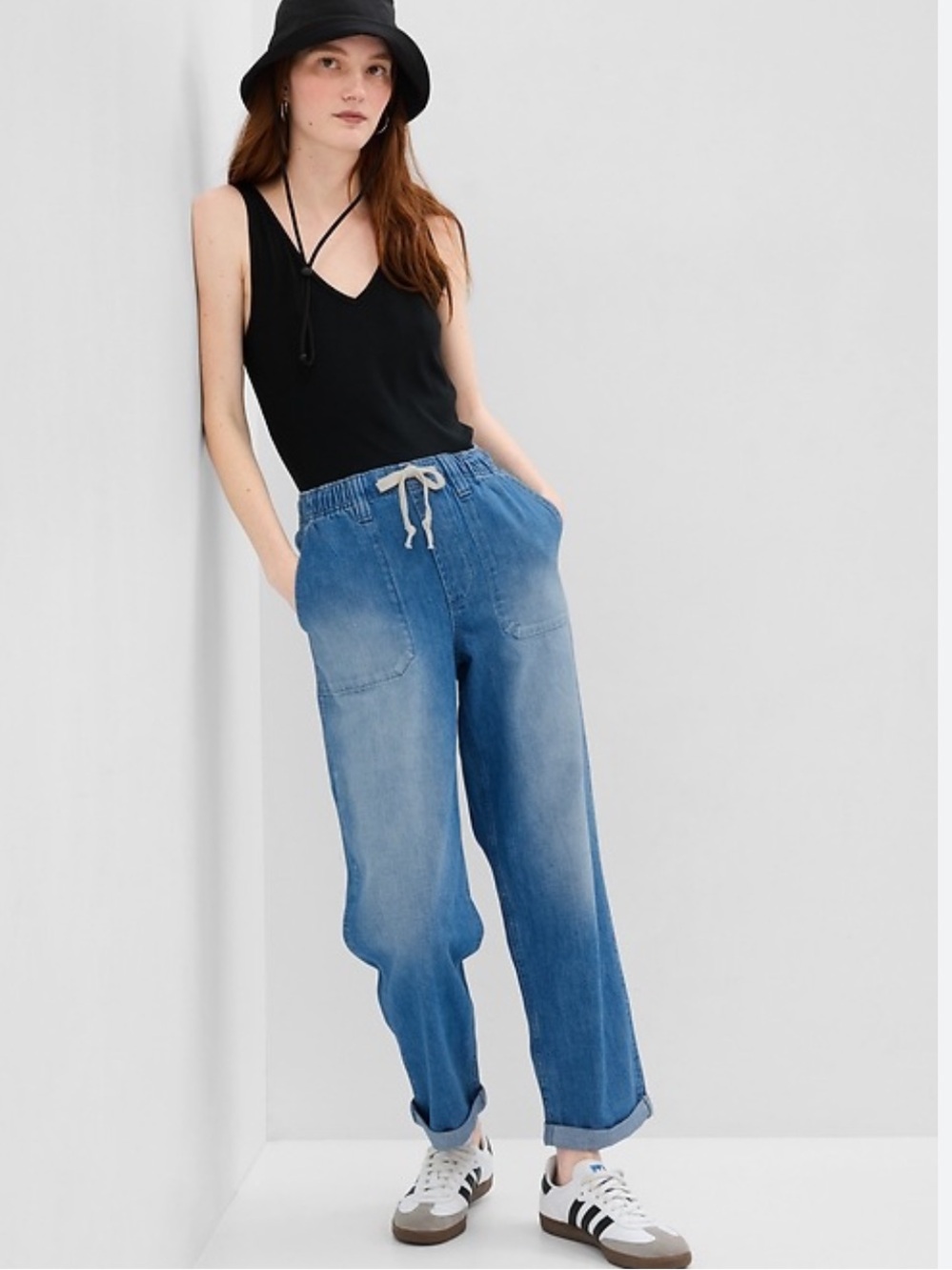 GAP Easy Jeans Blue Elastic Drawstring Waist‎ Medium Soft Summer Denim Straight